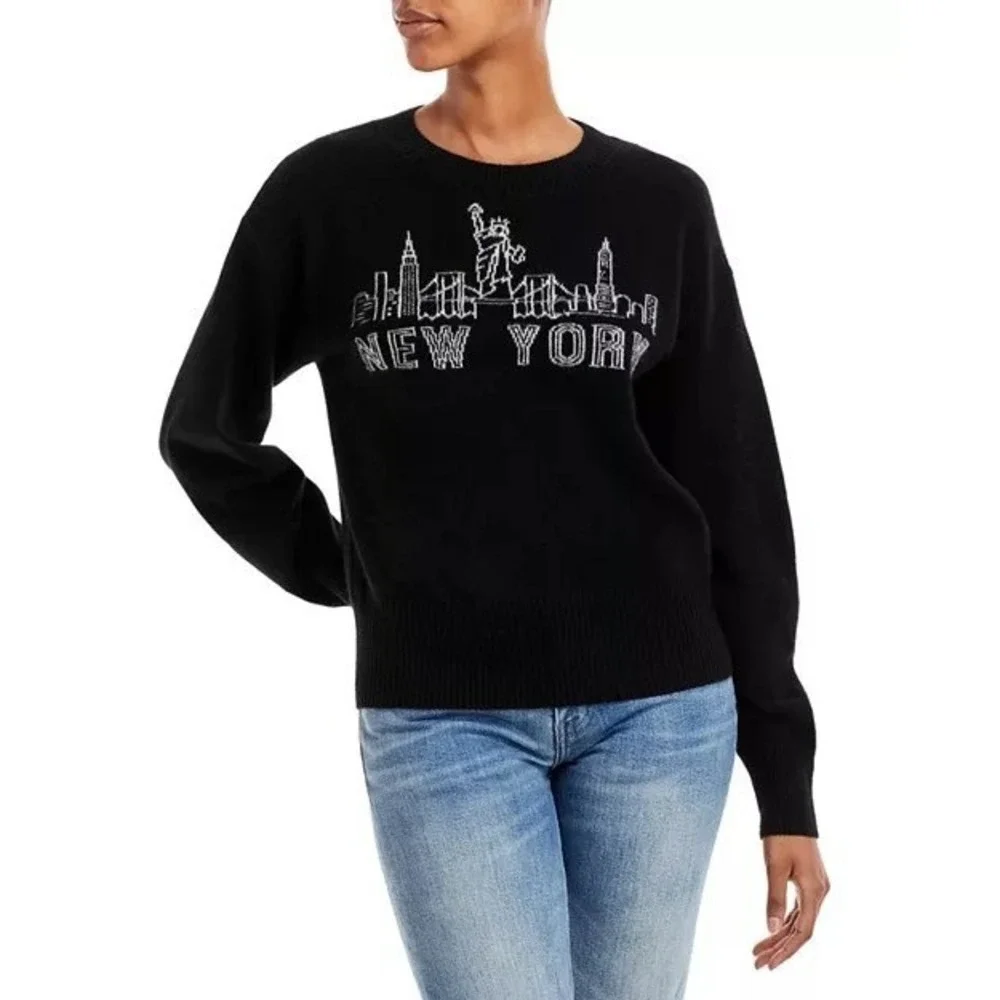 Aqua 100% cashmere new york‎ crewneck Sweater Black M Pullover Soft Exclusive
